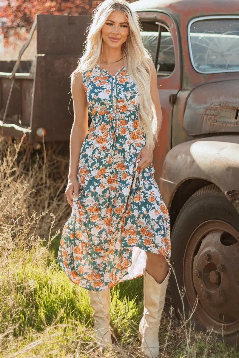 Green Floral Print Trimmed V Neck Tie Waist Sleeveless Dress - Love Salve